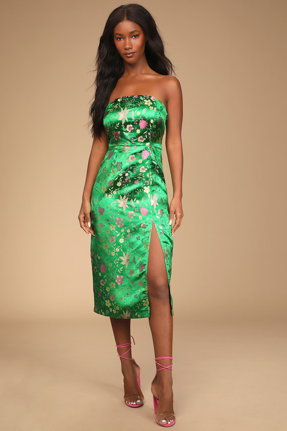 Green Satin Midi Dress - Floral Satin ...